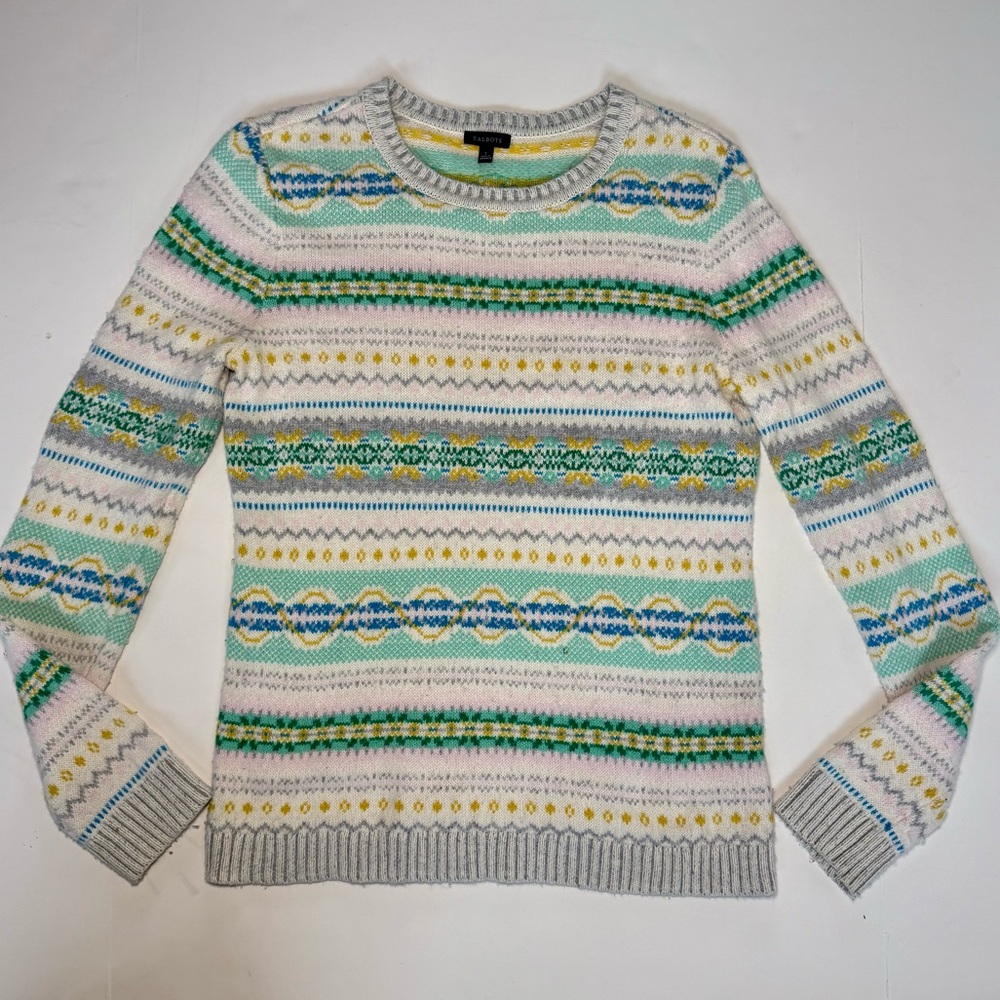 Talbots Fair Isle Crewneck Sweater Small Cozy Winter Cotton Merino Wool Viscose